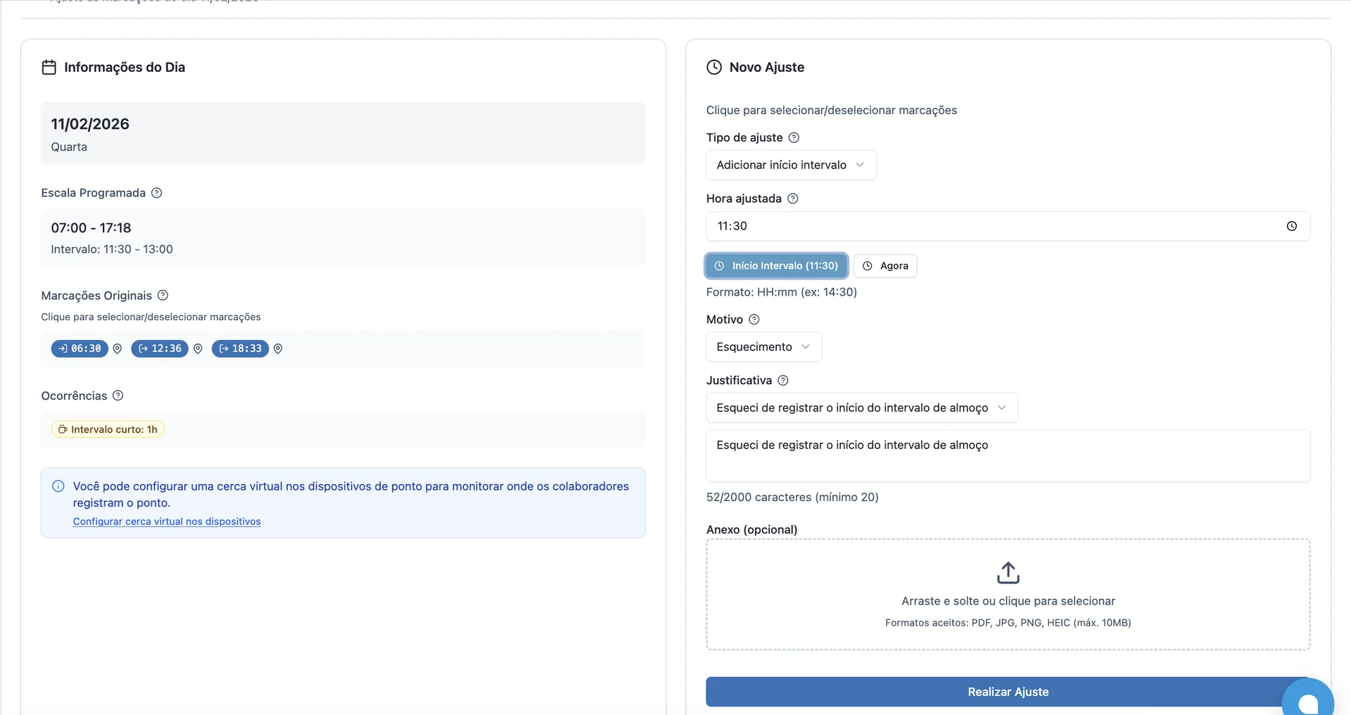 Tela de edição de tratamento de ponto com campos de motivo, justificativa e anexo.